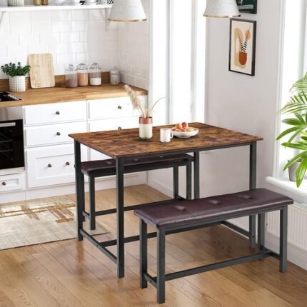 3-Piece Rustic Brown Dining Table Set for 4 with Benches