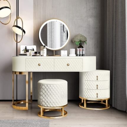 Pink Vanity Desk Set LED Mirror Storage Stool